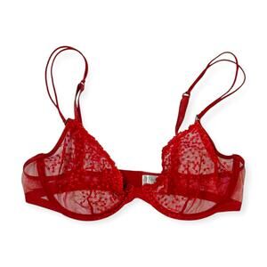 Wolford 34C Bra Sheer Unlined Underwire Red Mesh Sexy Lingerie Adjustable VTG